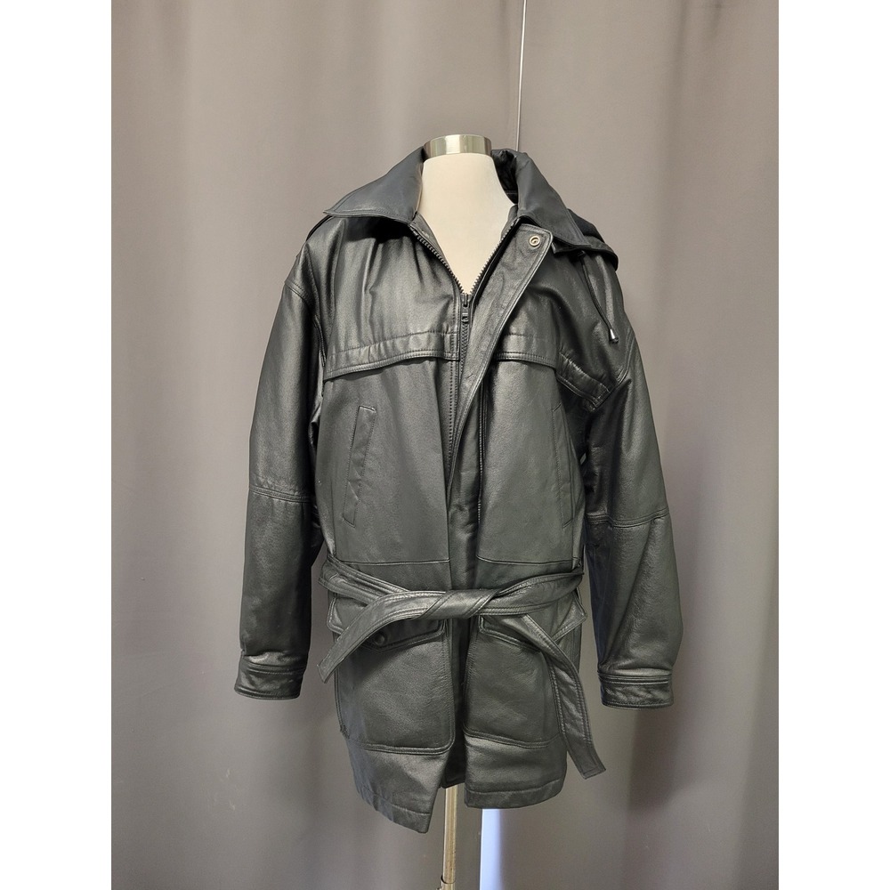 Wilsons Leather Parka Jacket Black Belted Hooded Thinsulate Ultra Mens L